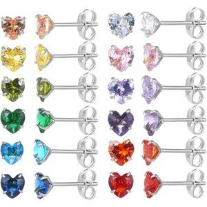 12 Pairs 18K Gold Plated Surgical Stainless Steel Stud Earrings, Star Heart